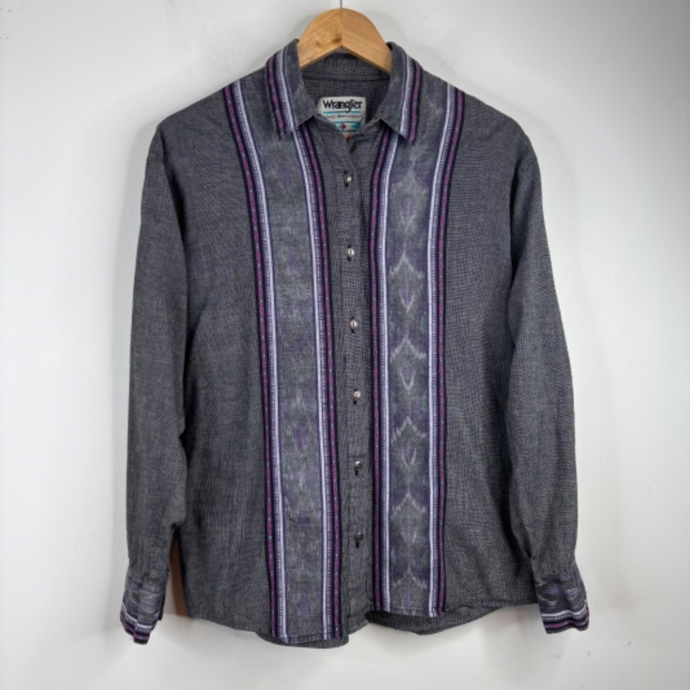 VTG Wrangler Button Down Shirt Women XL Purple Aztec Western Southwestern Corset